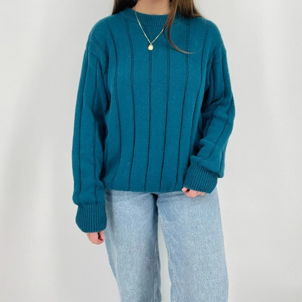 vintage retro slouchy ribbed ramie cotton blend crewneck sweater turquoise blue - Picture 2 of 6